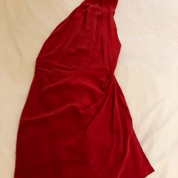 Raw Silk Red Acne Dress - One Shoulder - Size 34 - Picture 5 of 11
